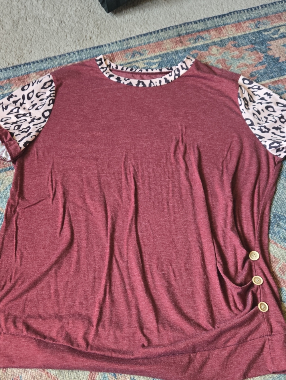 Women’s Maroon Short Sleeve Top with Animal Print Trim
